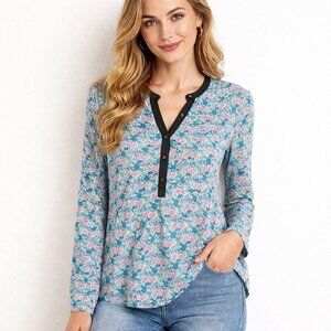 Anthropologie Vanessa Virginia Blue & Pink Honore Tiger Print Henley Top Size 0